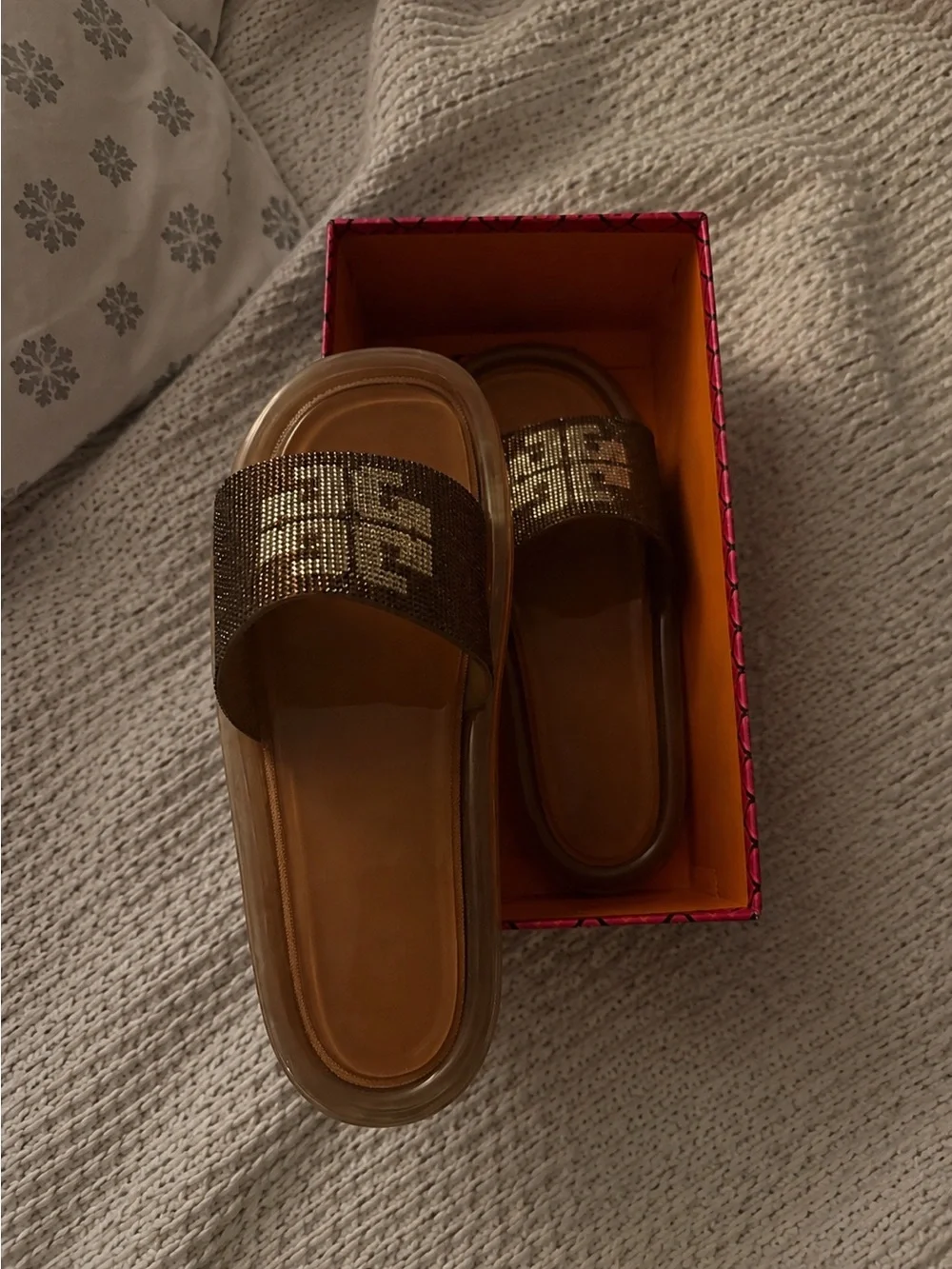 RARE Tory Burch Brown Metallic Logo Slide Sandals